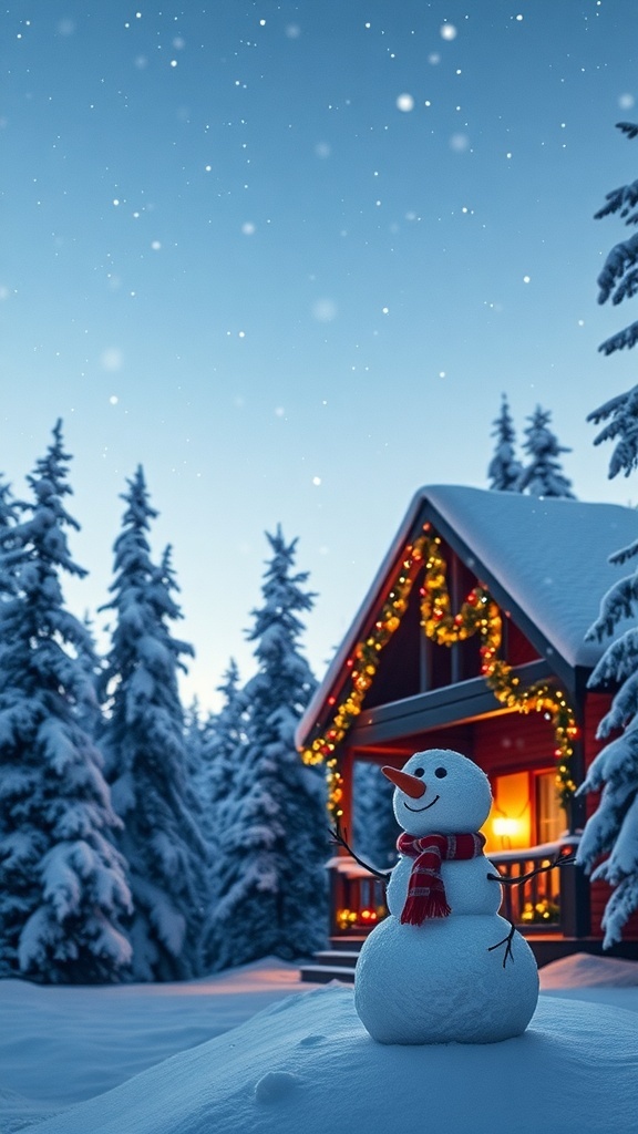 Original Merry Christmas Images A cozy cabin decorated for Christmas in a snowy landscape with a snowman in the foreground.